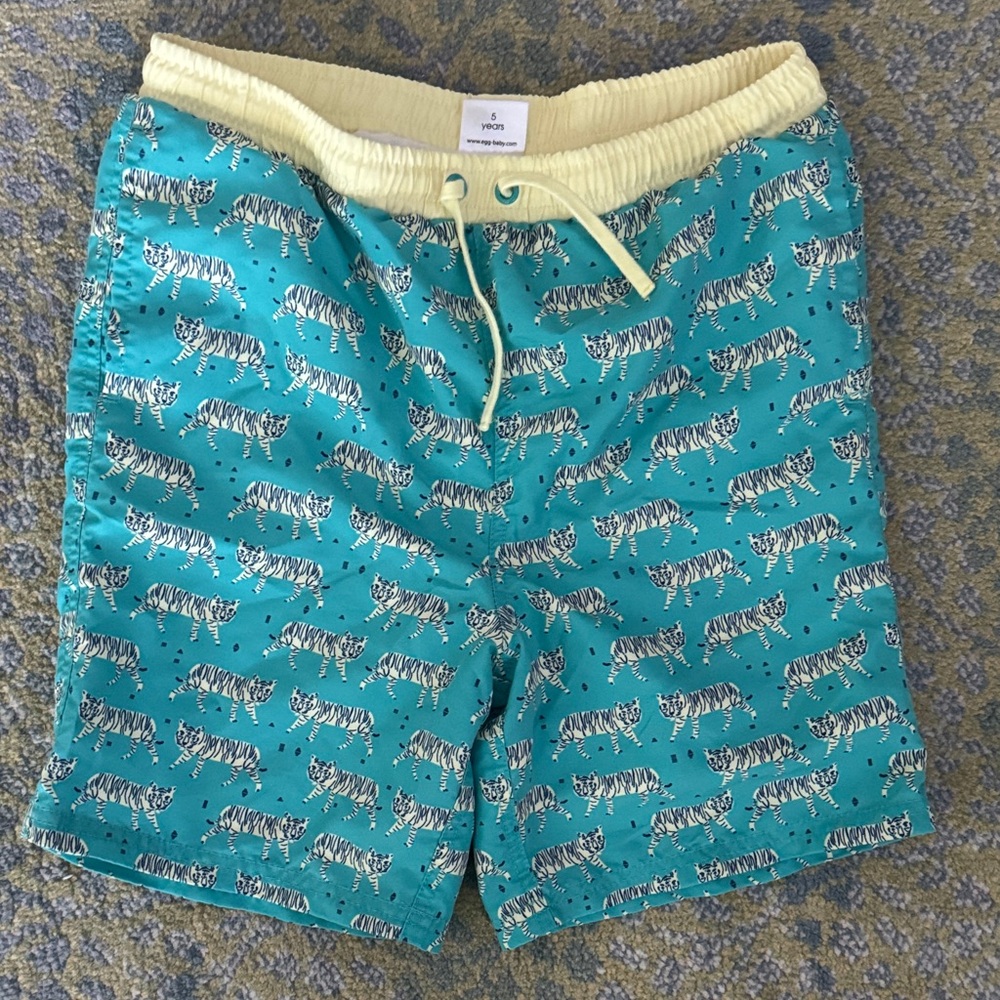 egg by Susan Lazar Teal Tiger Print Swim Shorts